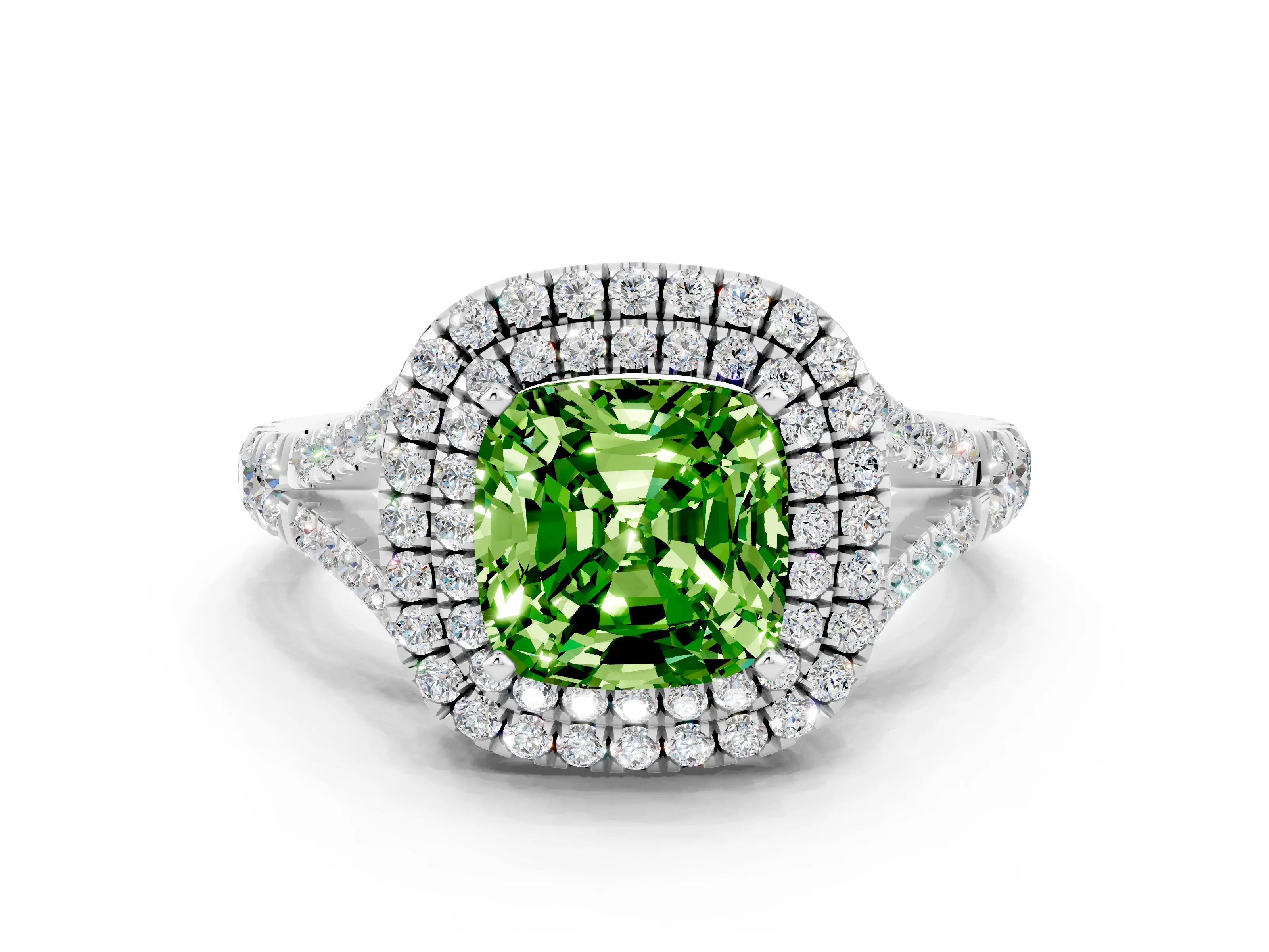 White gold Double Halo Cushion Cut Peridot Split Shank Engagement Ring with Four-Prong Setting