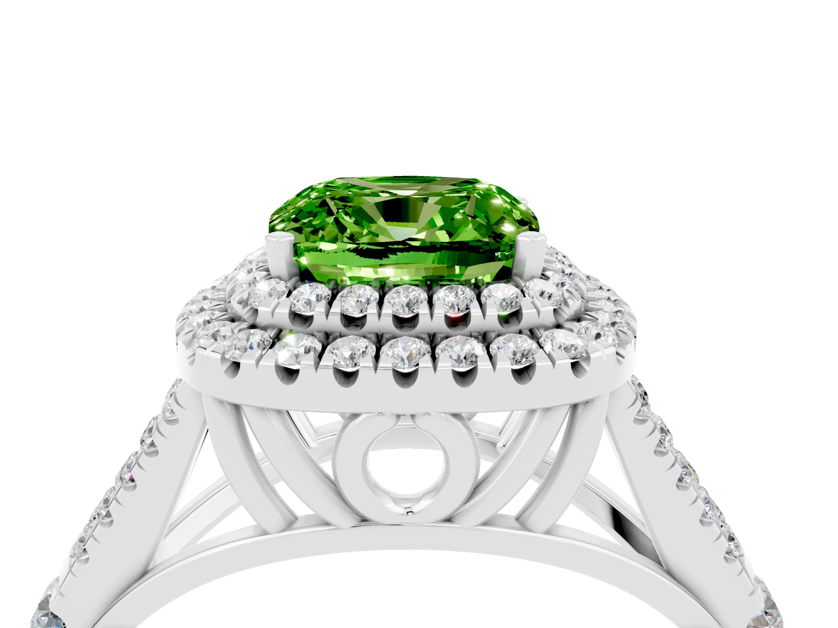 White gold Double Halo Cushion Cut Peridot Split Shank Engagement Ring with Four-Prong Setting_4