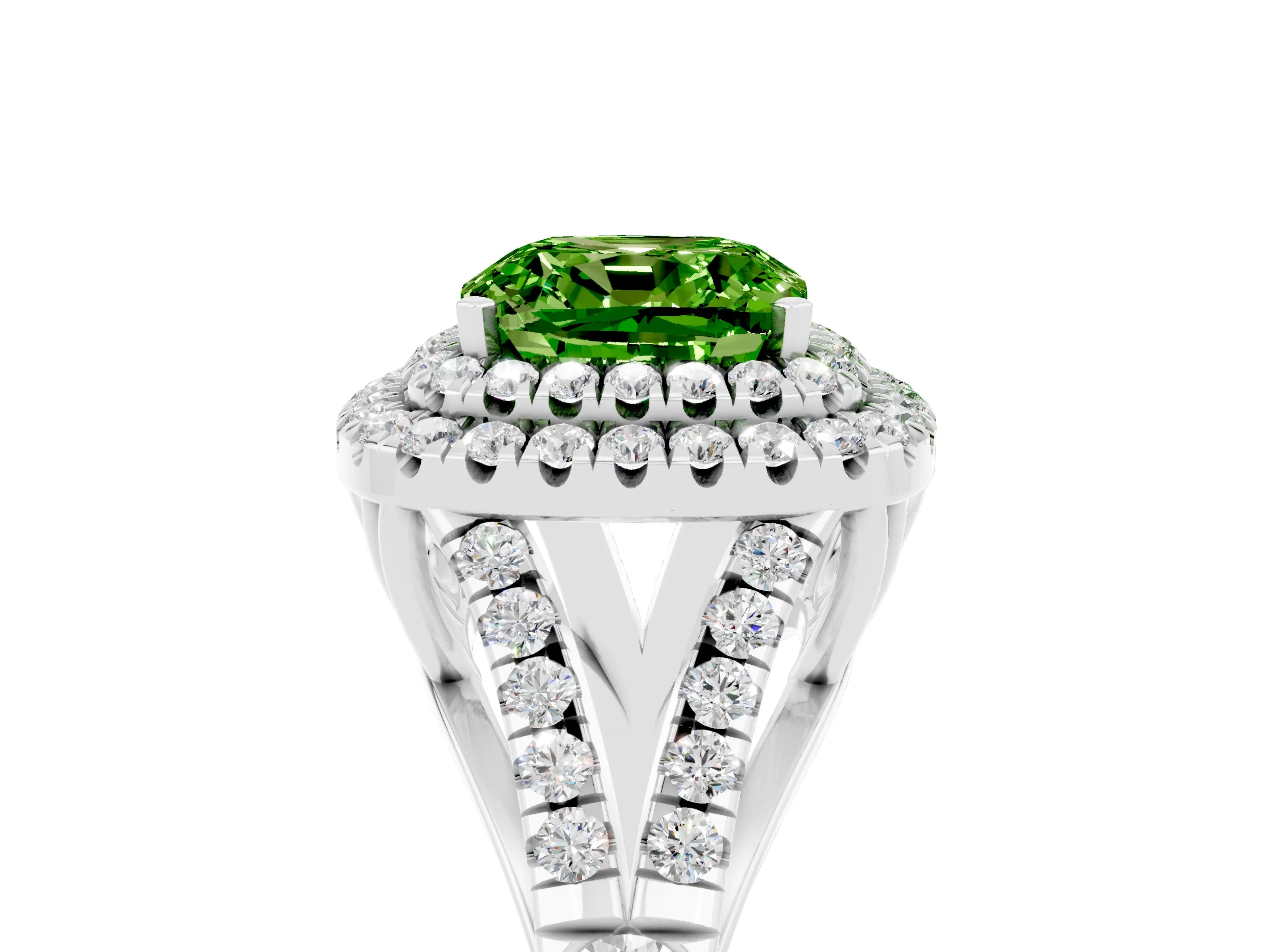 White gold Double Halo Cushion Cut Peridot Split Shank Engagement Ring with Four-Prong Setting_5