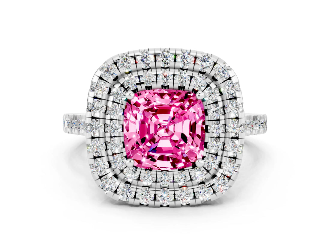 White gold Double Halo Cushion Cut Pink Sapphire Pavé Band with Four-Prong Setting_24