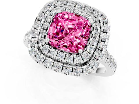White gold Double Halo Cushion Cut Pink Sapphire Pavé Band with Four-Prong Setting_25