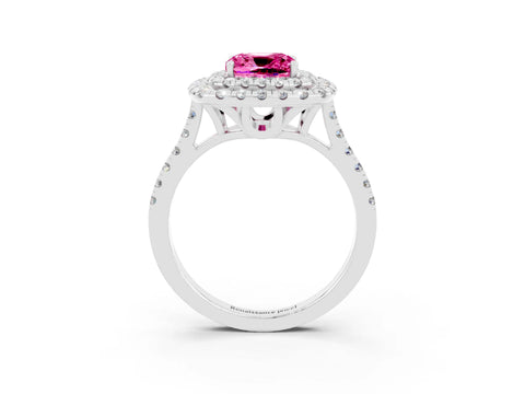 White gold Double Halo Cushion Cut Pink Sapphire Pavé Band with Four-Prong Setting_27