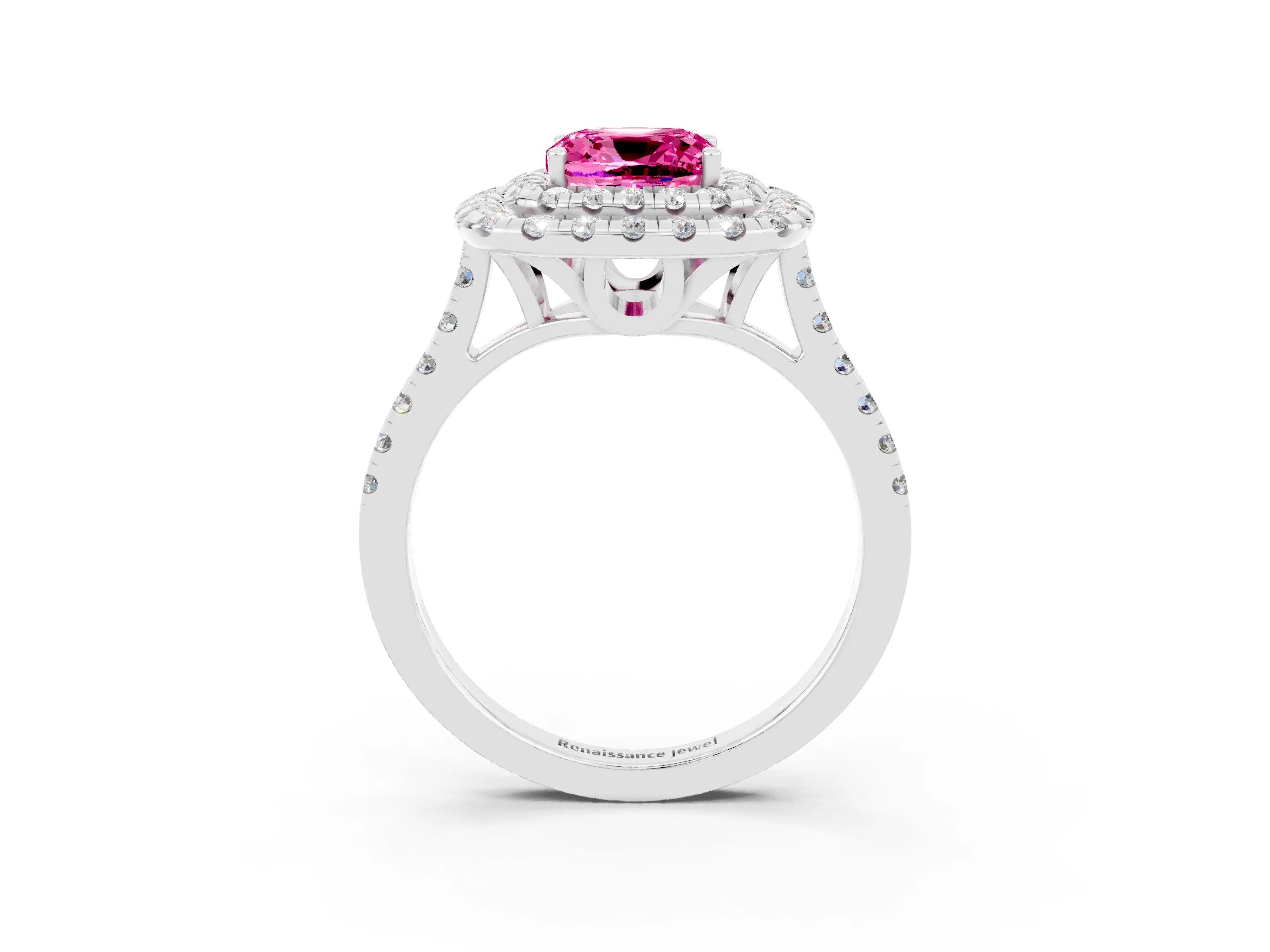 White gold Double Halo Cushion Cut Pink Sapphire Pavé Band with Four-Prong Setting_27