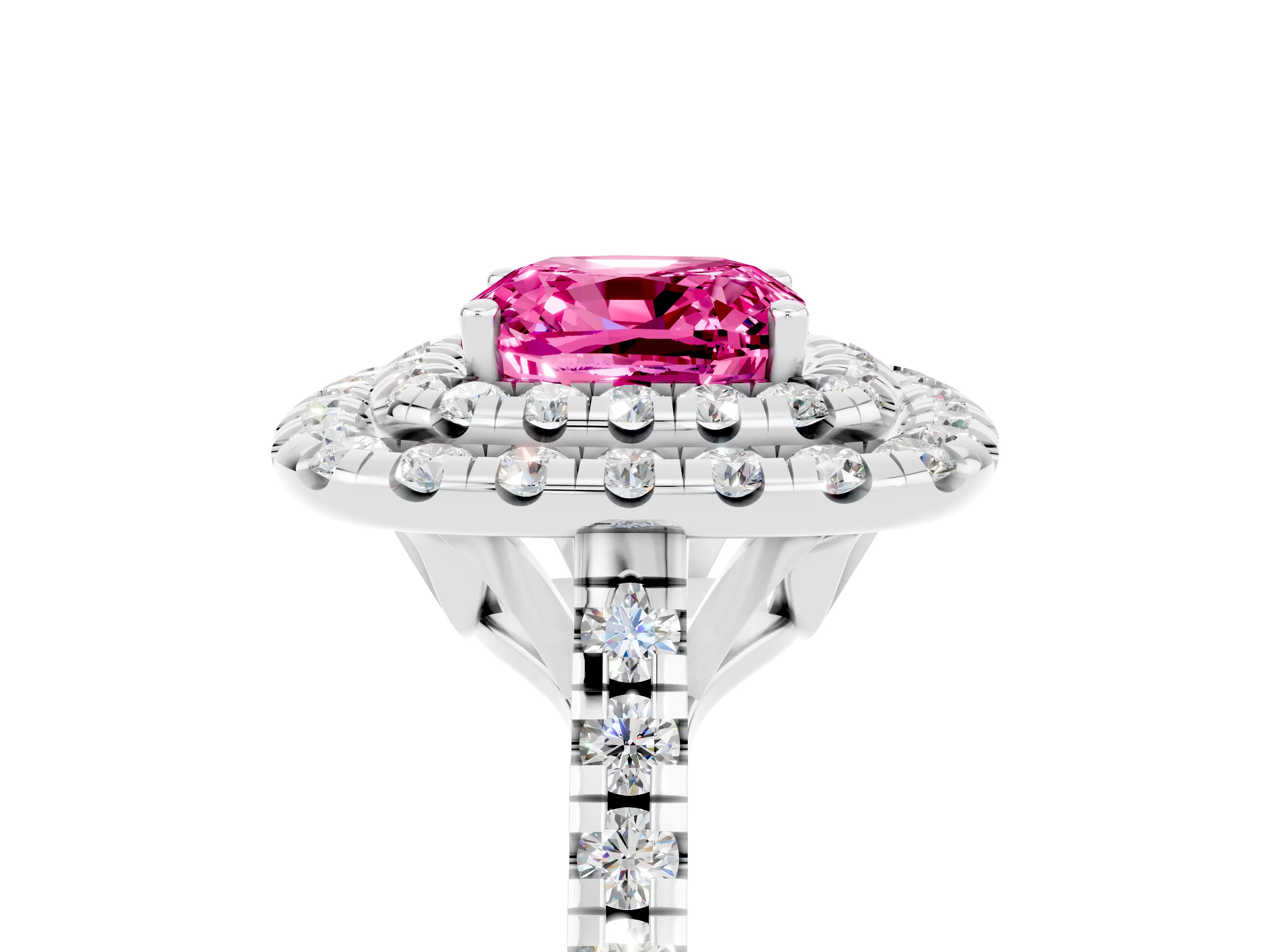 White gold Double Halo Cushion Cut Pink Sapphire Pavé Band with Four-Prong Setting_29