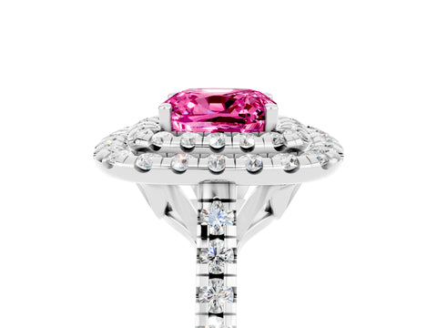 White gold Double Halo Cushion Cut Pink Sapphire Pavé Band with Four-Prong Setting_29