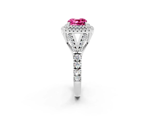 Platinum Double Halo Cushion Cut Pink Sapphire Pavé Split Shank Ring with Prong Setting