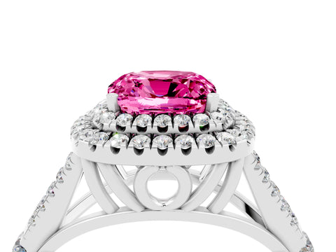 White gold Double Halo Cushion Cut Pink Sapphire Pavé Split Shank Ring with Prong Setting_4