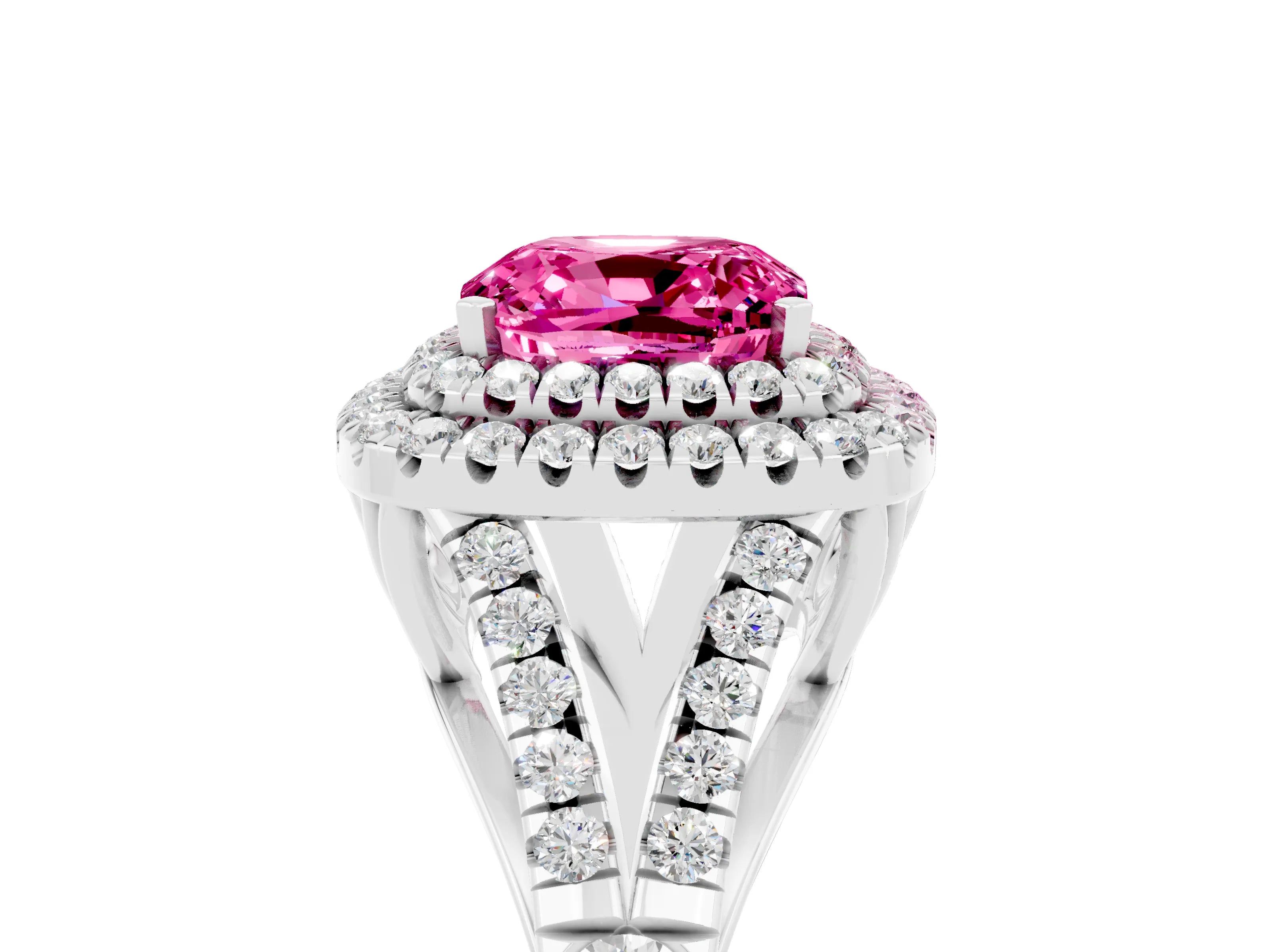 White gold Double Halo Cushion Cut Pink Sapphire Pavé Split Shank Ring with Prong Setting_5