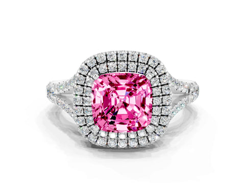 White gold Double Halo Cushion Cut Pink Sapphire Pavé Split Shank Ring with Prong Setting