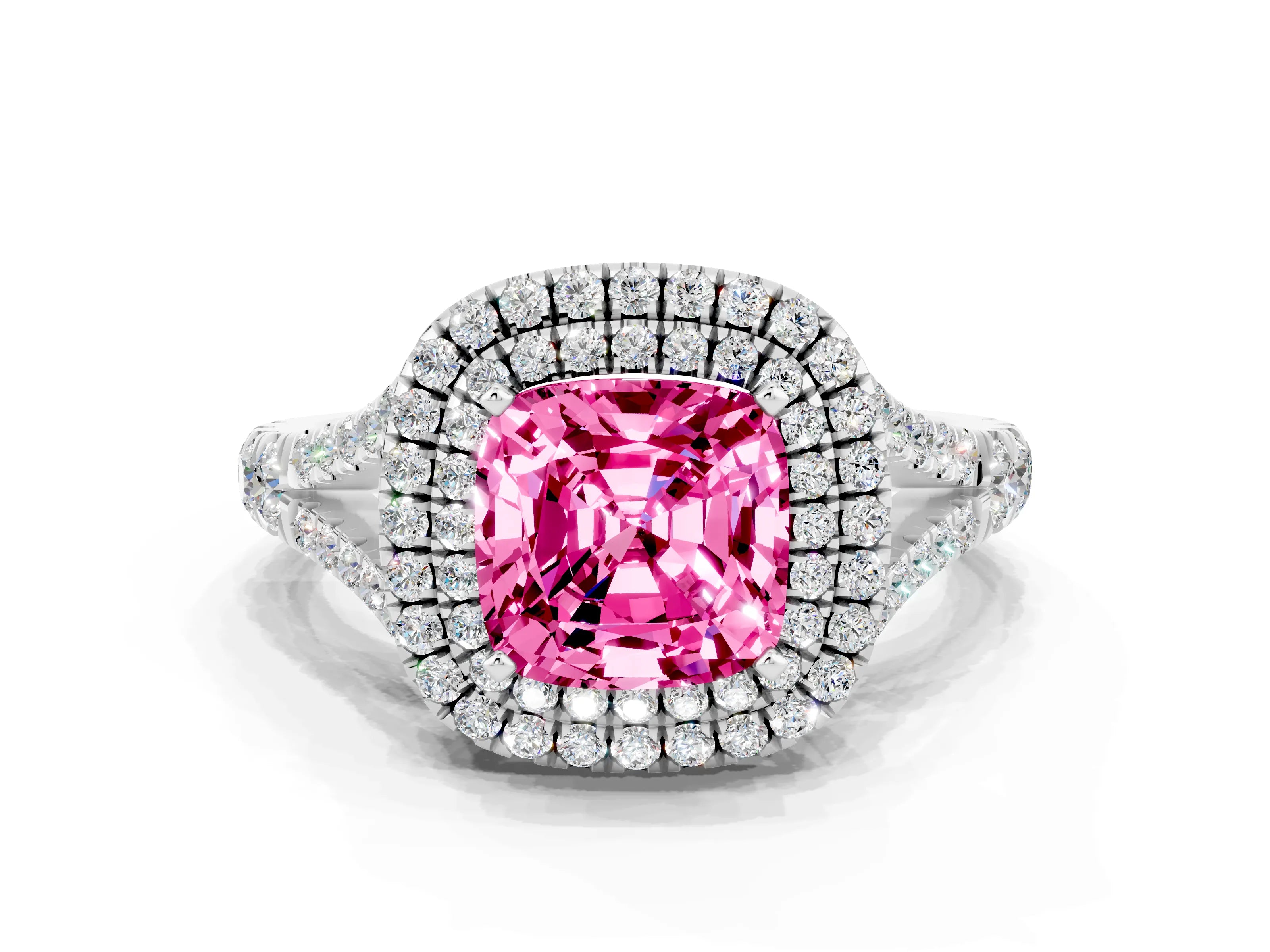 White gold Double Halo Cushion Cut Pink Sapphire Pavé Split Shank Ring with Prong Setting