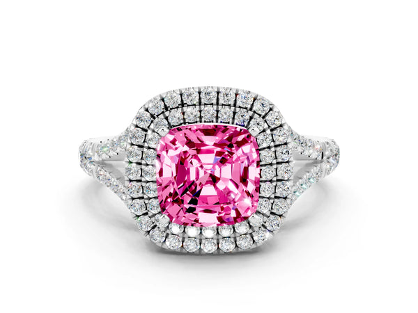 Platinum Double Halo Cushion Cut Pink Sapphire Split Shank Engagement Ring with Four-Prong Setting