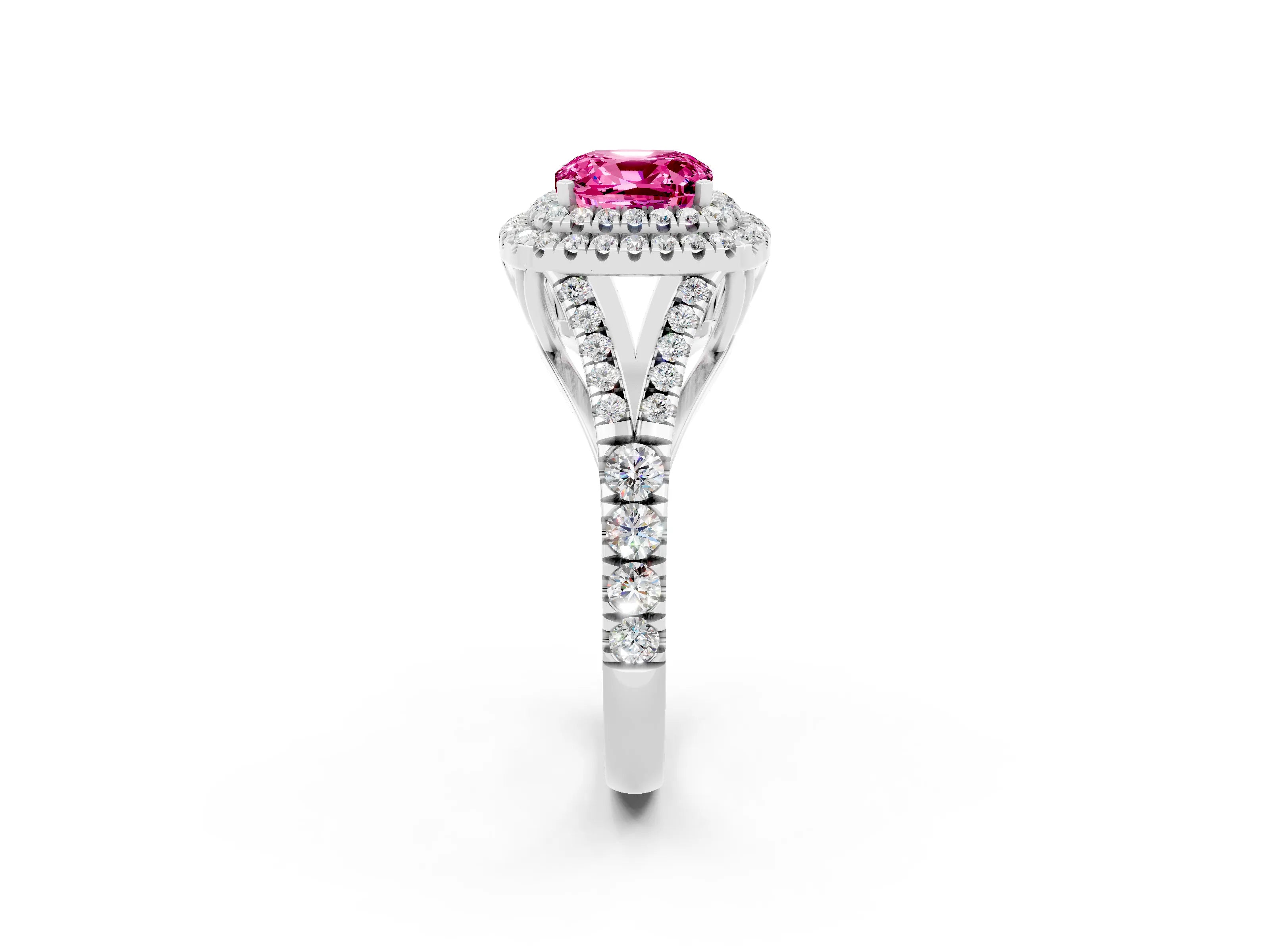 White gold Double Halo Cushion Cut Pink Sapphire Split Shank Engagement Ring with Four-Prong Setting_2