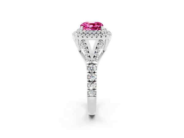 White gold Double Halo Cushion Cut Pink Sapphire Split Shank Engagement Ring with Four-Prong Setting