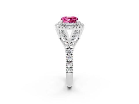 White gold Double Halo Cushion Cut Pink Sapphire Split Shank Engagement Ring with Four-Prong Setting_2