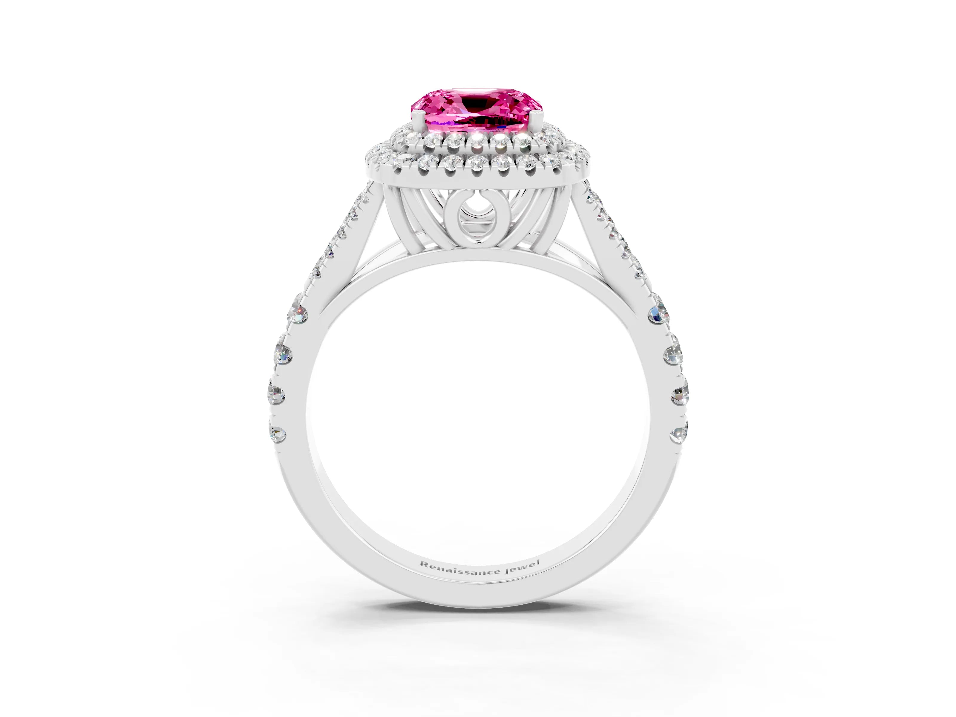 White gold Double Halo Cushion Cut Pink Sapphire Split Shank Engagement Ring with Four-Prong Setting_3