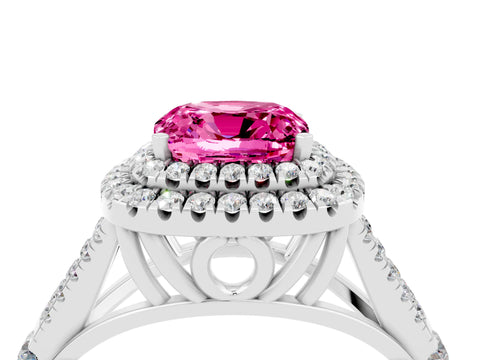 White gold Double Halo Cushion Cut Pink Sapphire Split Shank Engagement Ring with Four-Prong Setting_4