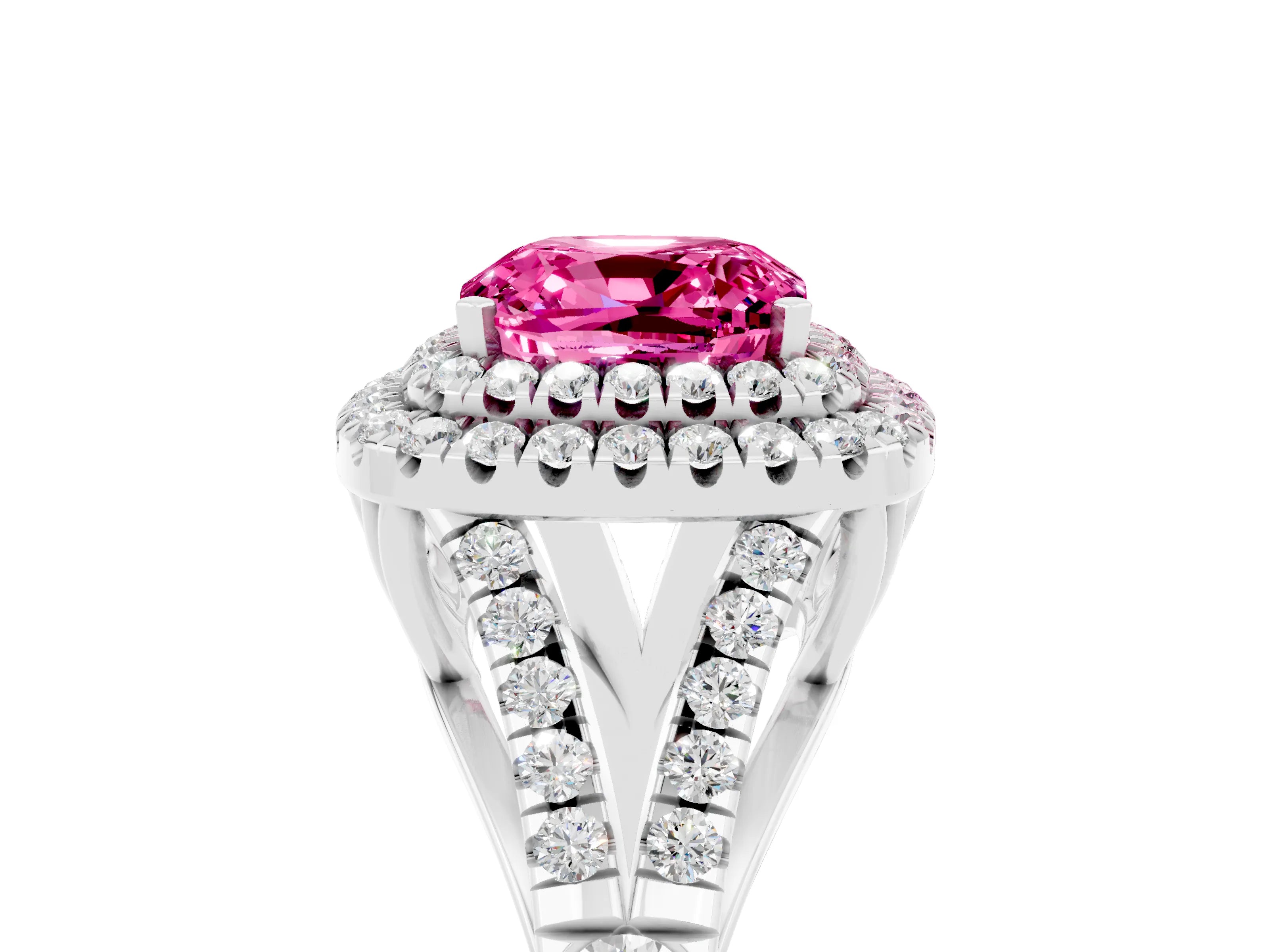 White gold Double Halo Cushion Cut Pink Sapphire Split Shank Engagement Ring with Four-Prong Setting_5