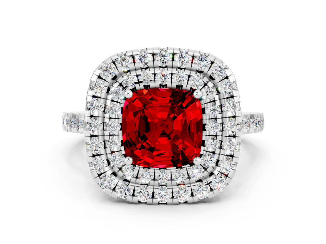 White gold Double Halo Cushion Cut Ruby Pavé Band with Four-Prong Setting