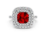 White gold Double Halo Cushion Cut Ruby Pavé Band with Four-Prong Setting
