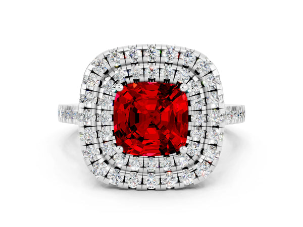 Platinum Double Halo Cushion Cut Ruby Pavé Band with Four-Prong Setting