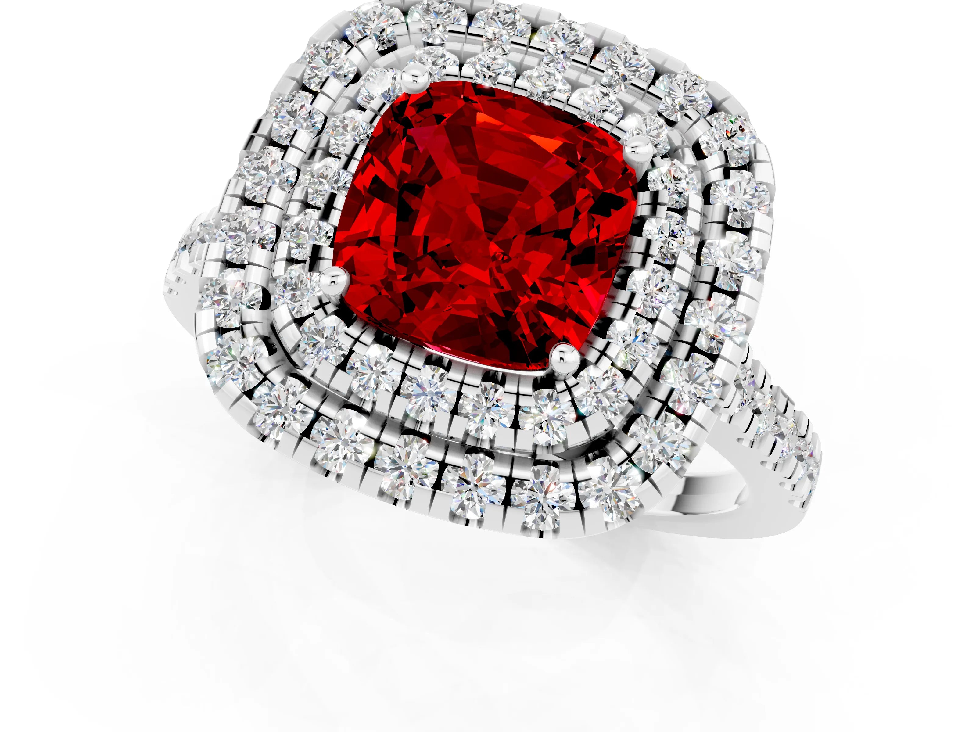 White gold Double Halo Cushion Cut Ruby Pavé Band with Four-Prong Setting_1