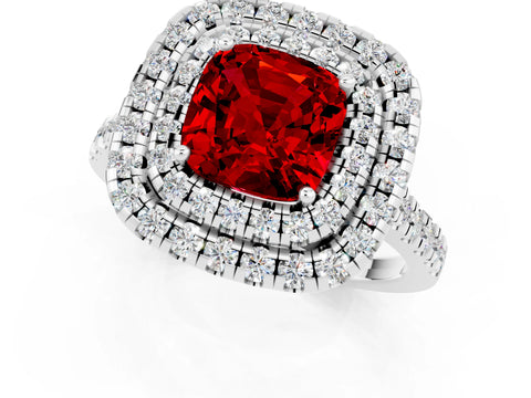 White gold Double Halo Cushion Cut Ruby Pavé Band with Four-Prong Setting_1
