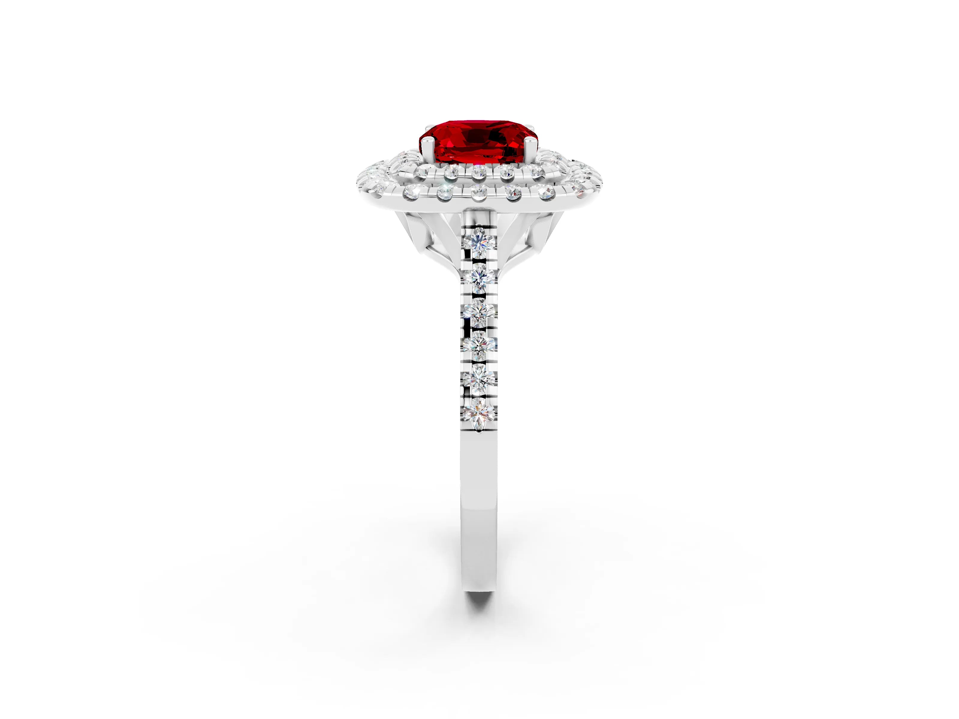 White gold Double Halo Cushion Cut Ruby Pavé Band with Four-Prong Setting_2