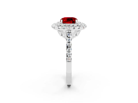 White gold Double Halo Cushion Cut Ruby Pavé Band with Four-Prong Setting_2