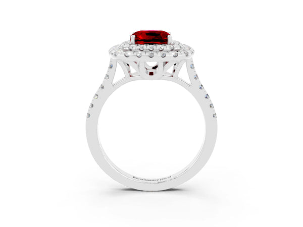 Platinum Double Halo Cushion Cut Ruby Pavé Band with Four-Prong Setting