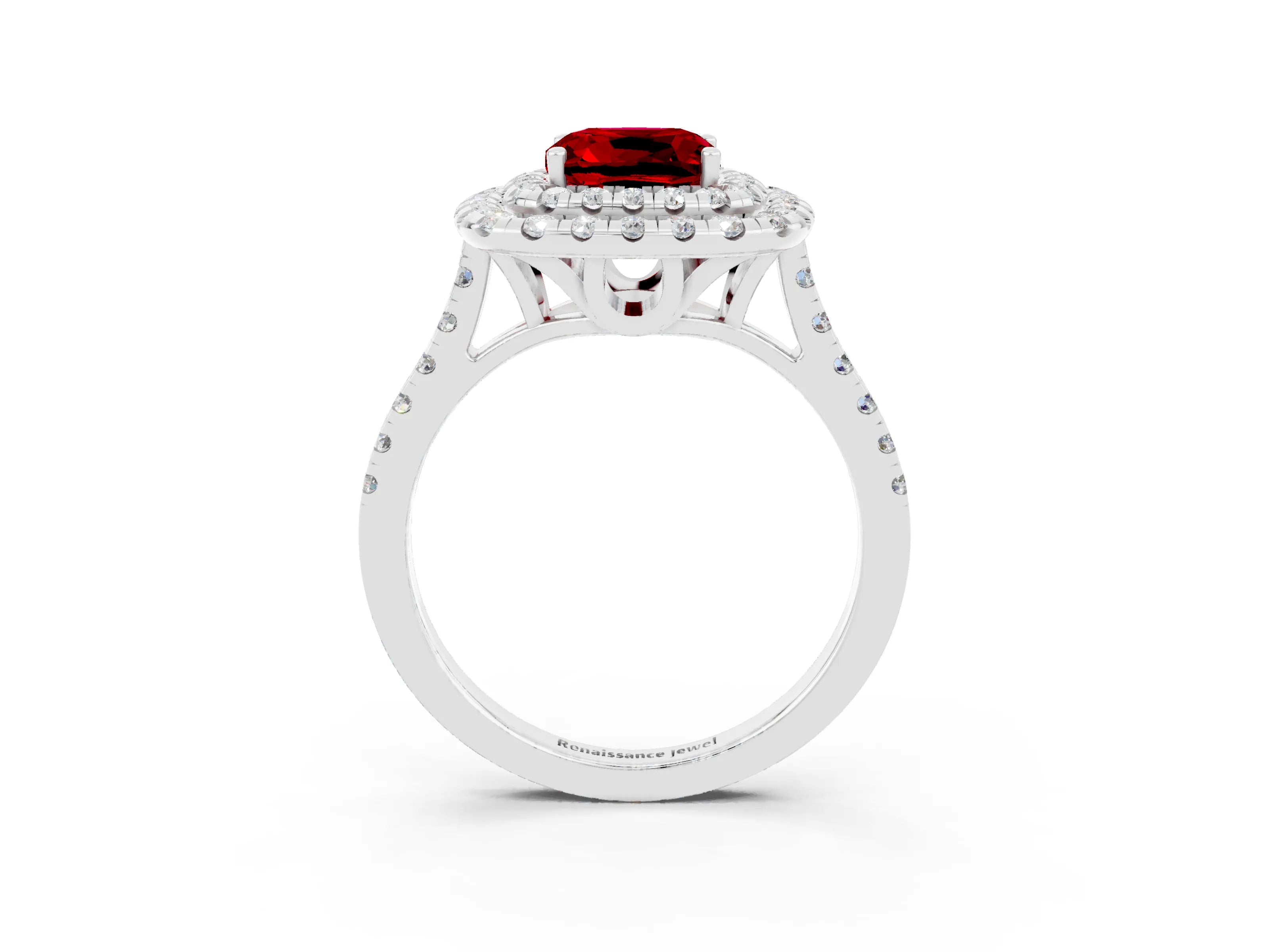 White gold Double Halo Cushion Cut Ruby Pavé Band with Four-Prong Setting_3