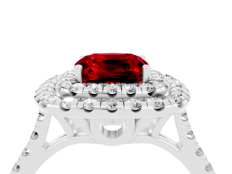 White gold Double Halo Cushion Cut Ruby Pavé Band with Four-Prong Setting_4