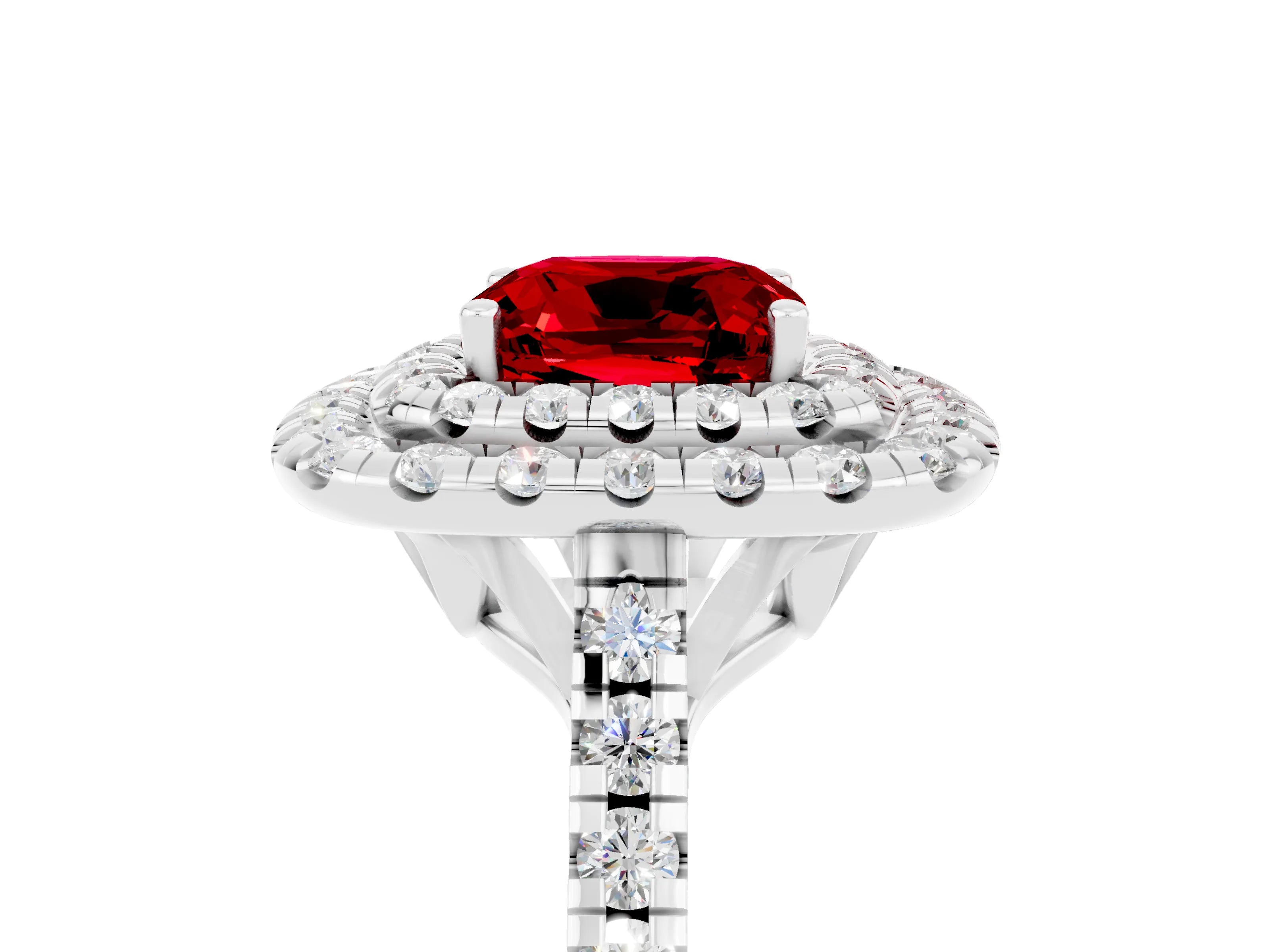 White gold Double Halo Cushion Cut Ruby Pavé Band with Four-Prong Setting_5