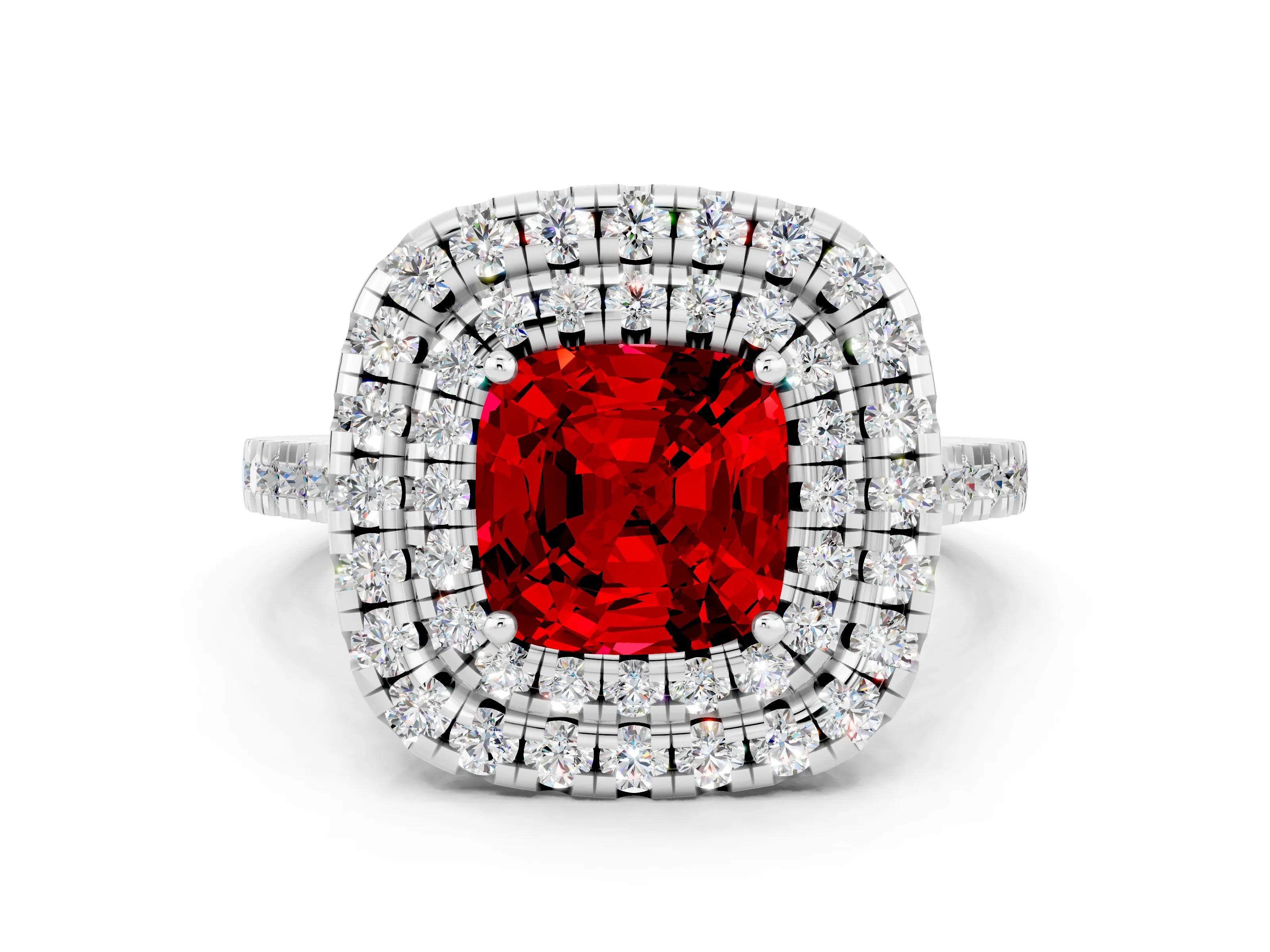 White gold Double Halo Cushion Cut Ruby Pavé Band with Four-Prong Setting