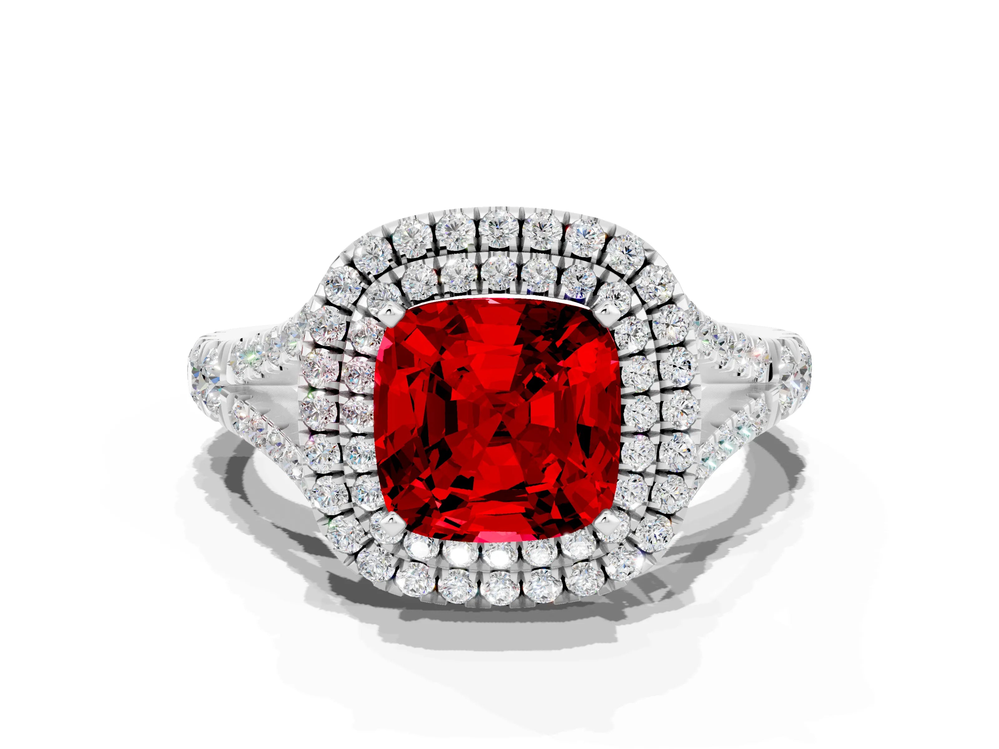 White gold Double Halo Cushion Cut Ruby Pavé Split Shank Ring with Prong Setting
