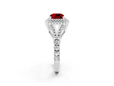 White gold Double Halo Cushion Cut Ruby Pavé Split Shank Ring with Prong Setting_2