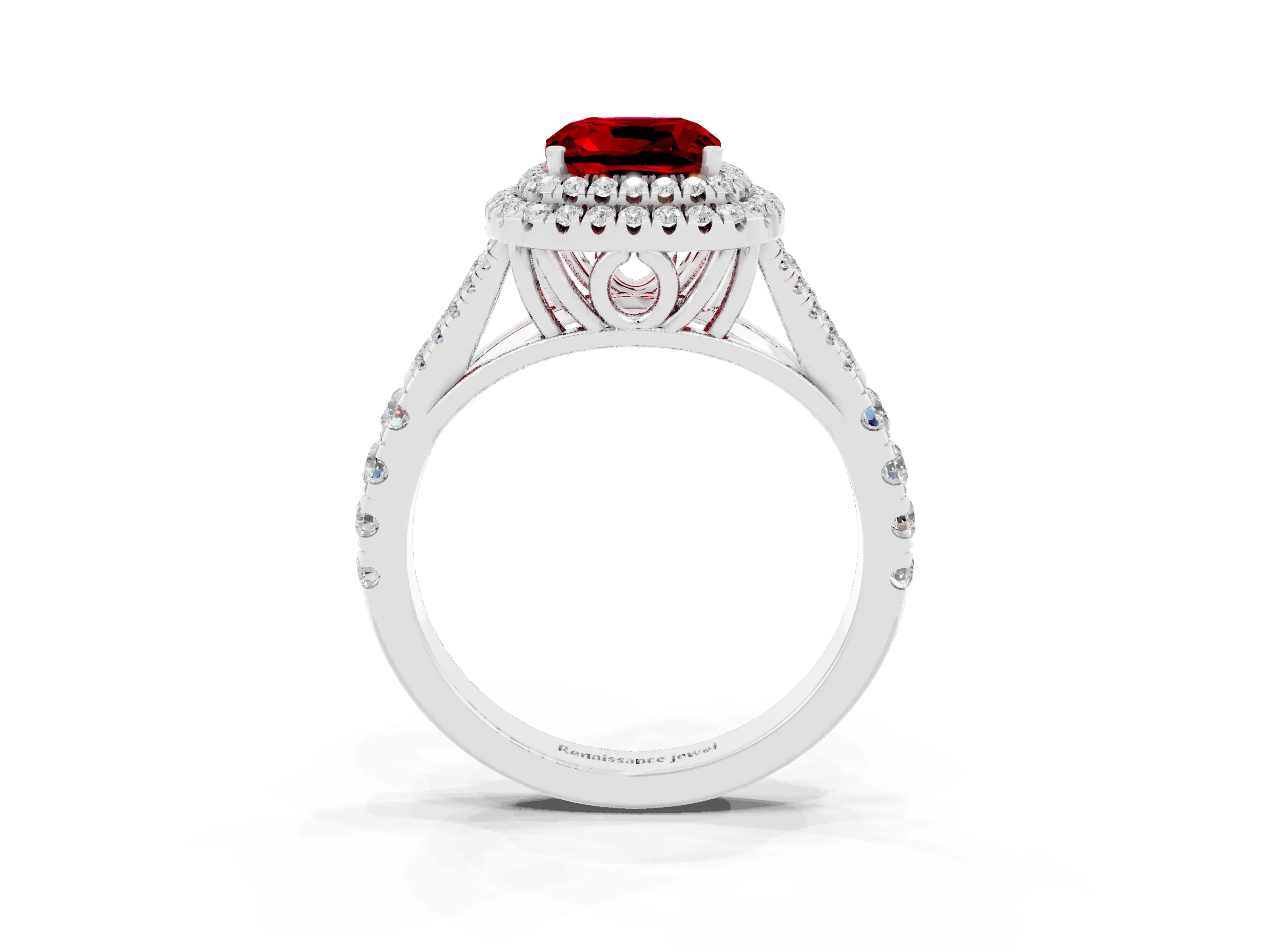 White gold Double Halo Cushion Cut Ruby Pavé Split Shank Ring with Prong Setting_3