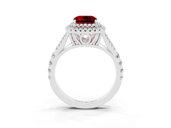 White gold Double Halo Cushion Cut Ruby Pavé Split Shank Ring with Prong Setting