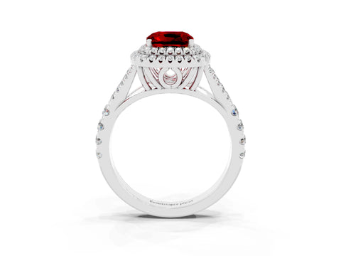 White gold Double Halo Cushion Cut Ruby Pavé Split Shank Ring with Prong Setting_3