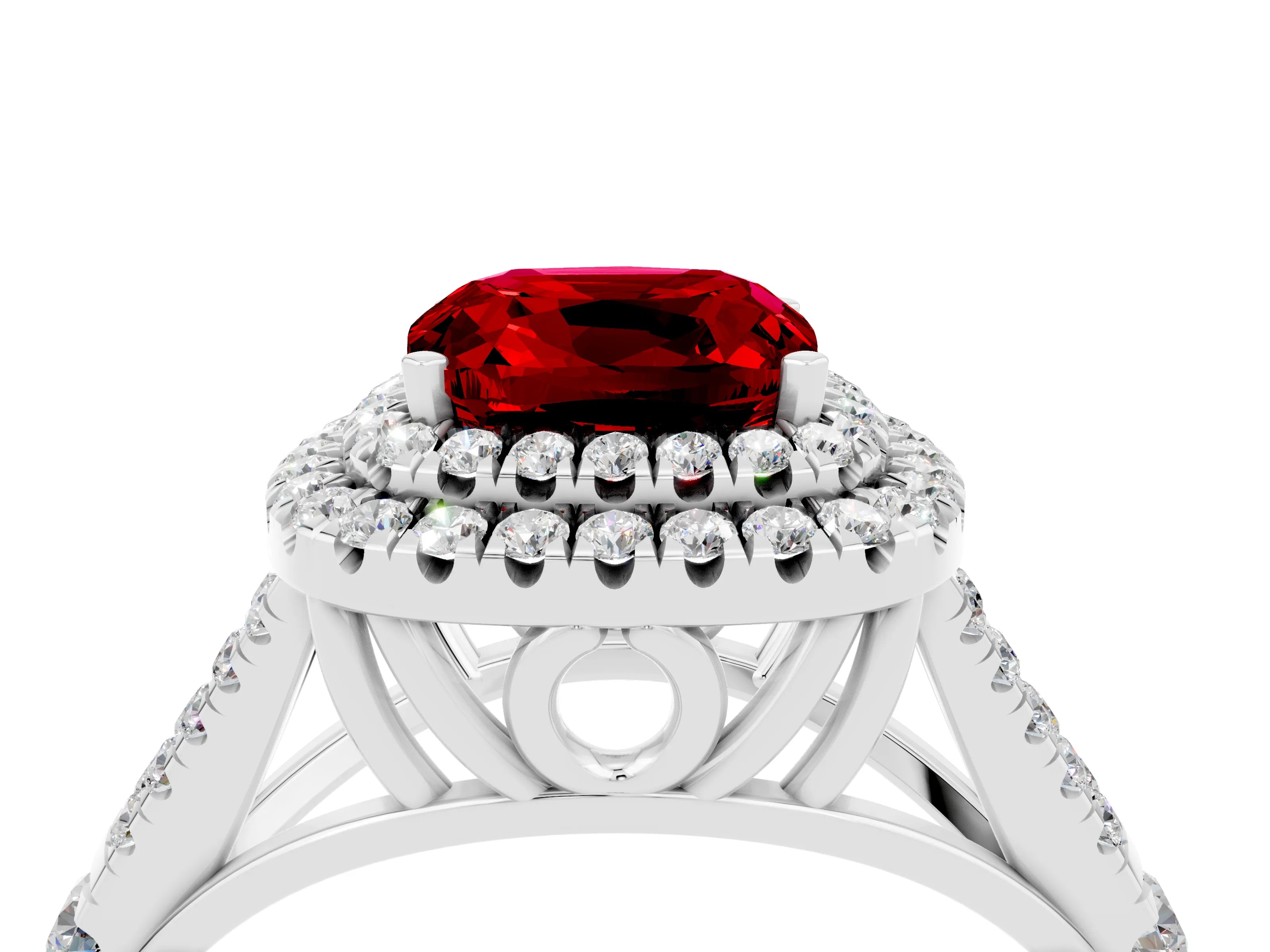 White gold Double Halo Cushion Cut Ruby Pavé Split Shank Ring with Prong Setting_4