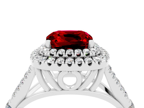 White gold Double Halo Cushion Cut Ruby Pavé Split Shank Ring with Prong Setting_4