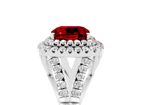 White gold Double Halo Cushion Cut Ruby Pavé Split Shank Ring with Prong Setting_5