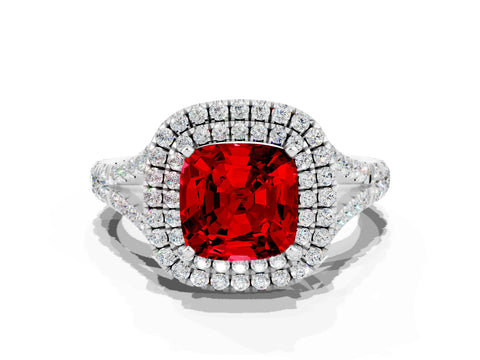 White gold Double Halo Cushion Cut Ruby Pavé Split Shank Ring with Prong Setting