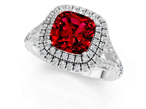 White gold Double Halo Cushion Cut Ruby Split Shank Engagement Ring with Four-Prong Setting_1