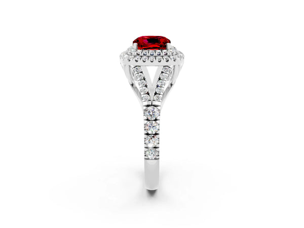 Platinum Double Halo Cushion Cut Ruby Split Shank Engagement Ring with Four-Prong Setting