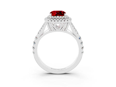 White gold Double Halo Cushion Cut Ruby Split Shank Engagement Ring with Four-Prong Setting_3