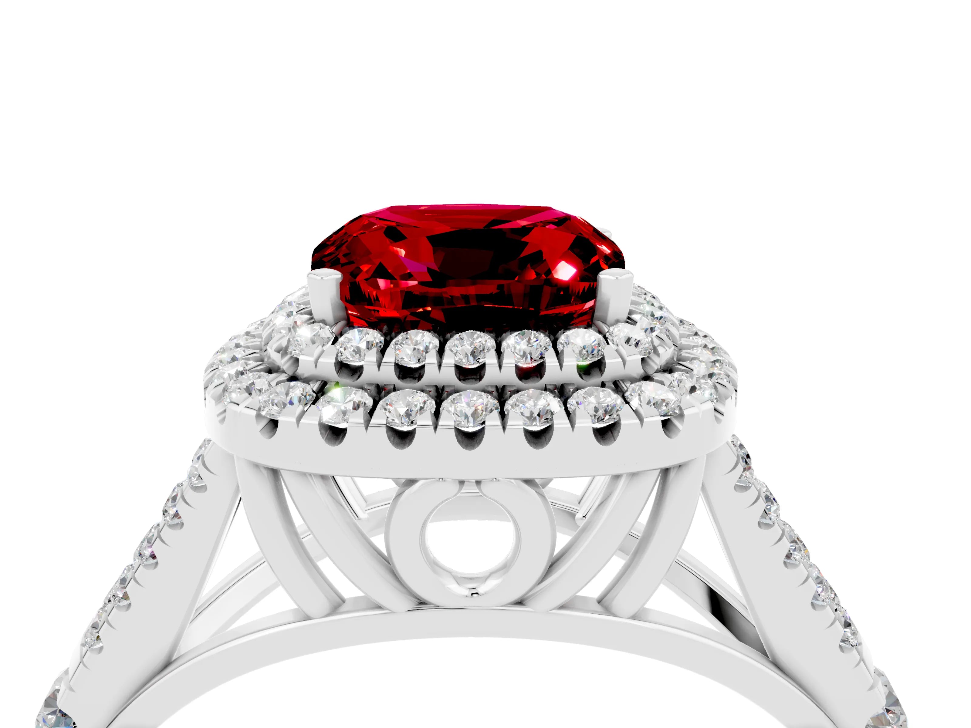 White gold Double Halo Cushion Cut Ruby Split Shank Engagement Ring with Four-Prong Setting_4
