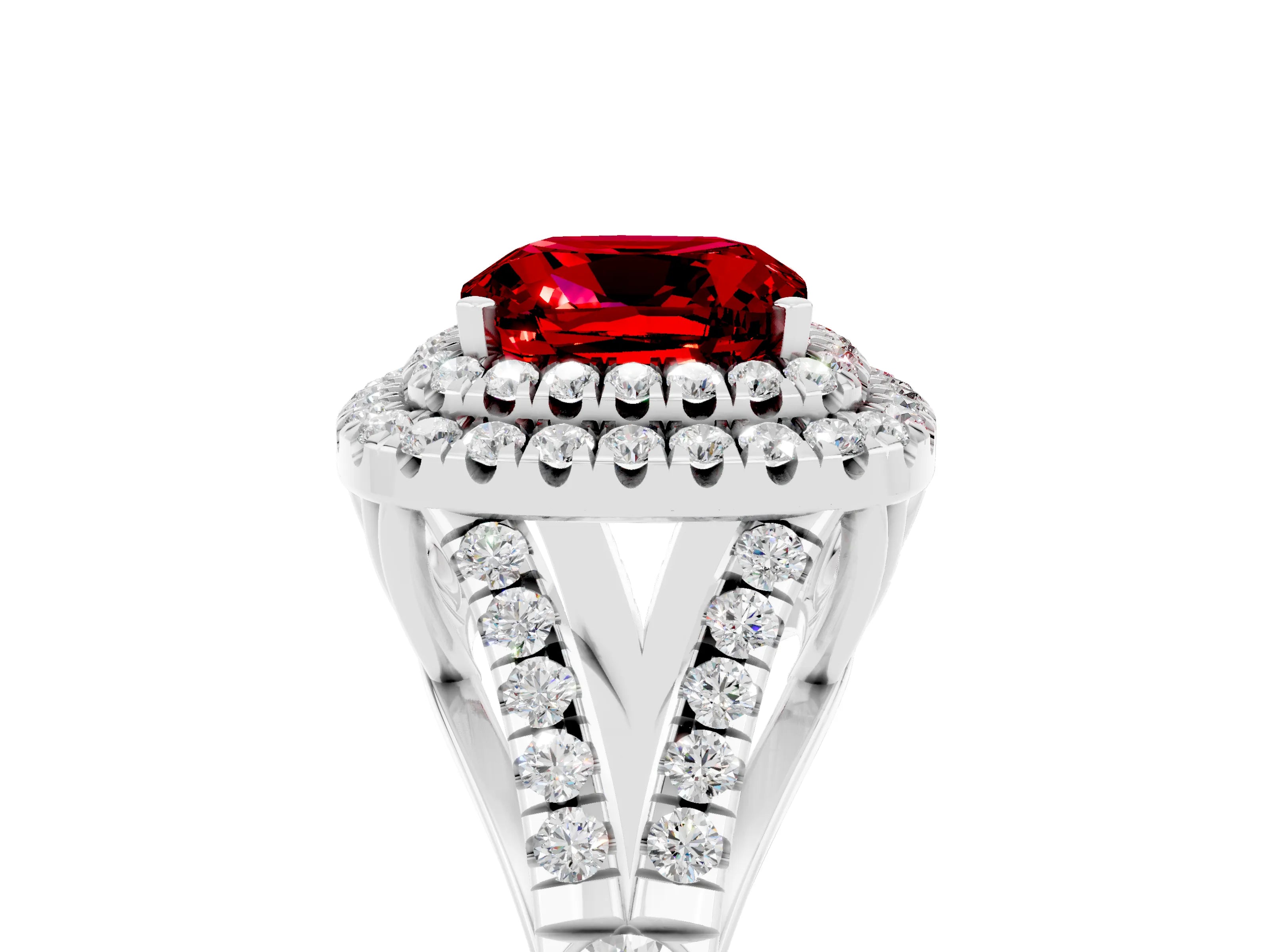 White gold Double Halo Cushion Cut Ruby Split Shank Engagement Ring with Four-Prong Setting_5