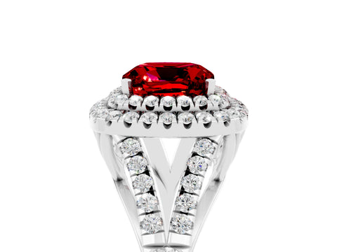 White gold Double Halo Cushion Cut Ruby Split Shank Engagement Ring with Four-Prong Setting_5