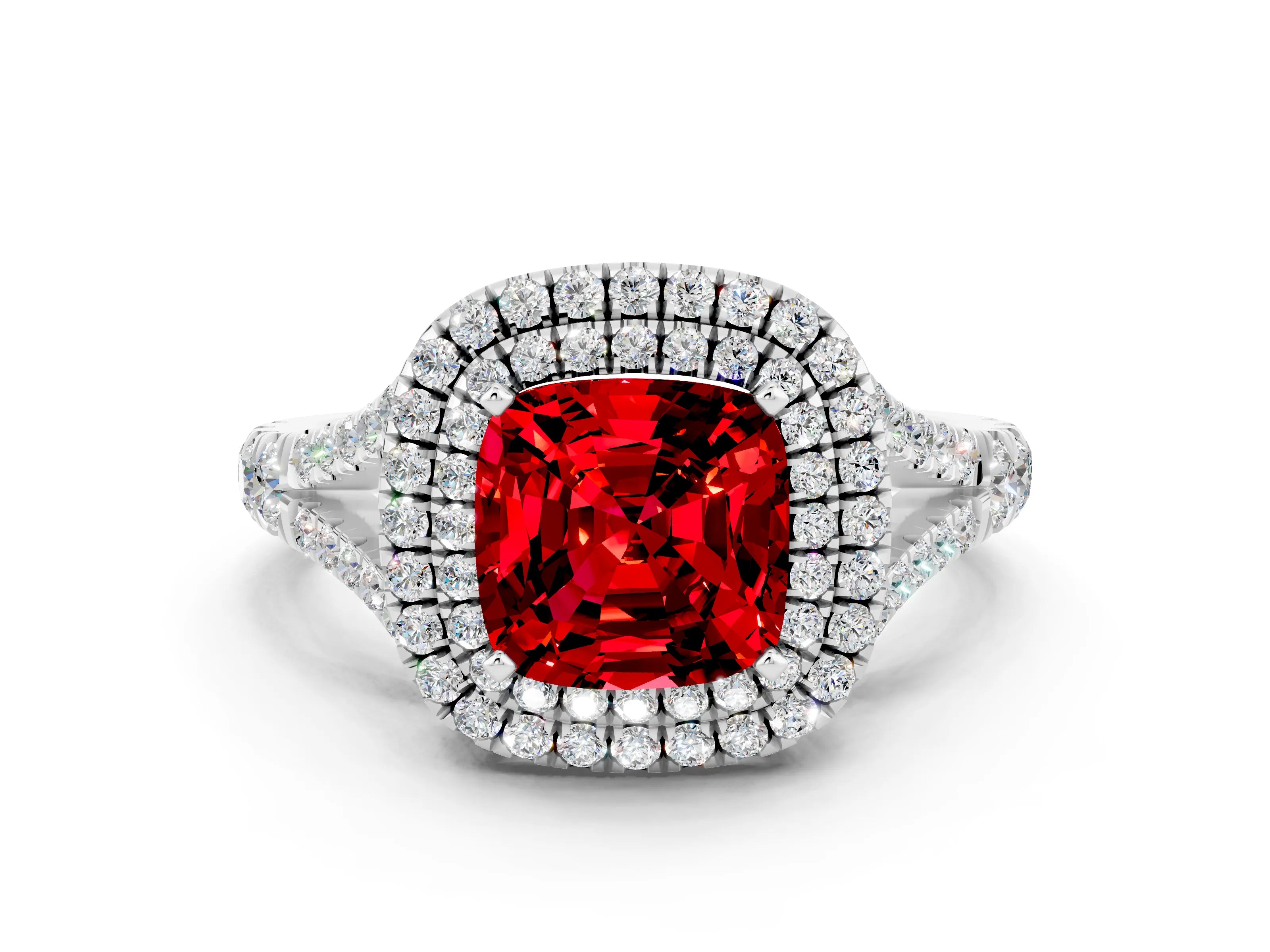 White gold Double Halo Cushion Cut Ruby Split Shank Engagement Ring with Four-Prong Setting