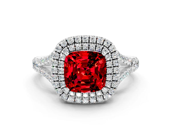 Silver Double Halo Cushion Cut Ruby Split Shank Engagement Ring with Four-Prong Setting